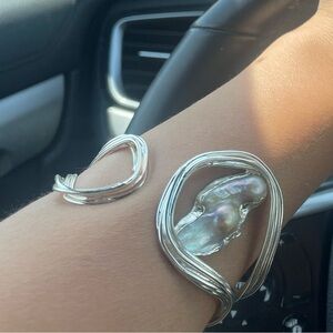 Adjustable Silver Pearl Bangle and Ring Set